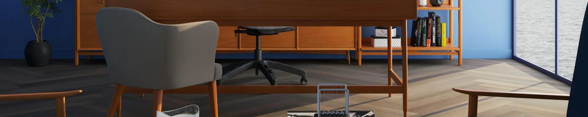 office with herringbone patterned hardwood floors and teak furniture in the Lansing-East Lansing Area | American Flooring |